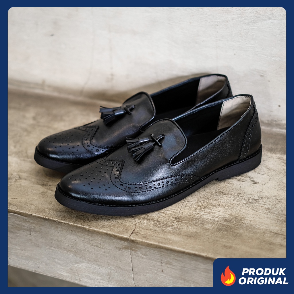 TOMIO BLACK ORIGINAL x GIANT FLAMES Sepatu Loafers Hitam Pria Slip On Simple Formal Casual Kerja Kantor Slop Resmi Kantoran Pesta Kondangan Selop Jalan Santai Hangout Kuliah Penny Loafer Semi Kulit Premium Big Size Jumbo Ukuran Besar 44 45 Keren Branded