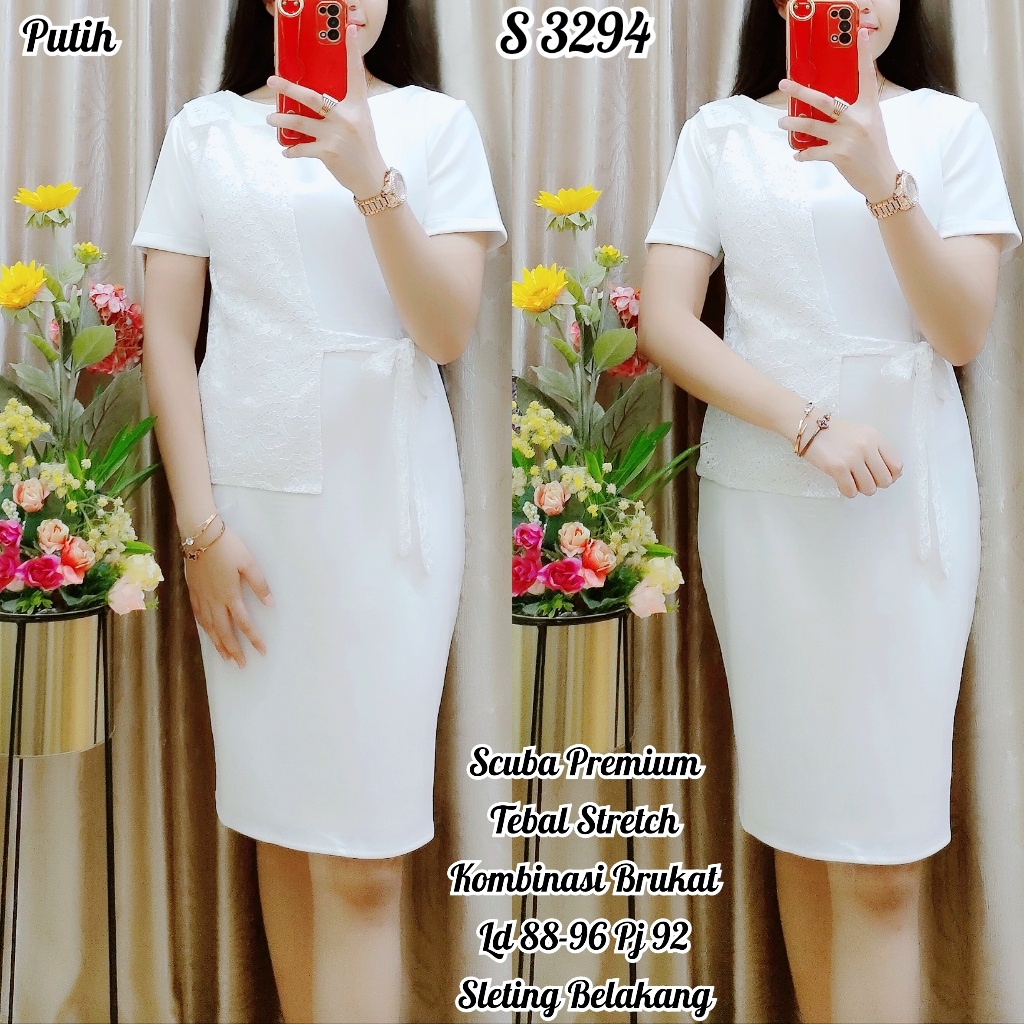 SS 3294. DRESS PESTA MEWAH BRUKAT SCUBA/DRESS POLOS MIDI CASUAL/DRESS SLIM FASHION IMPORT WANITA/PUT