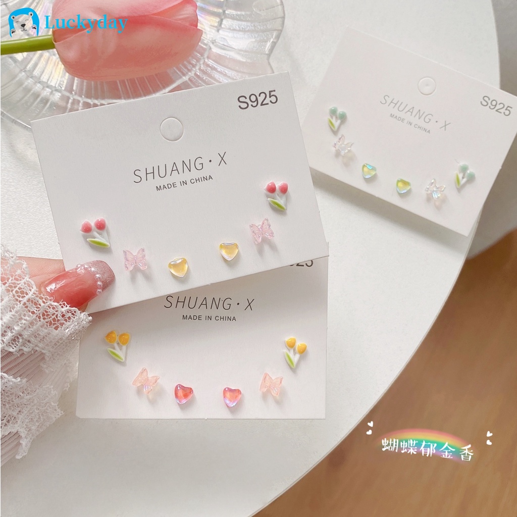 YEEZII Set Anting Stud Desain Kupu-Kupu Tulip Hati Permata Warna Pink Kuning Untuk Wanita