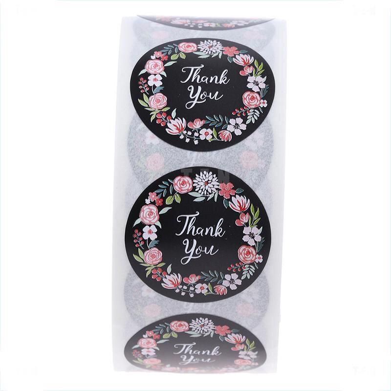 Stiker lebel motif bulat thank you / tempelan stiker tulisan thanks you isi 100 pcs-Black flower