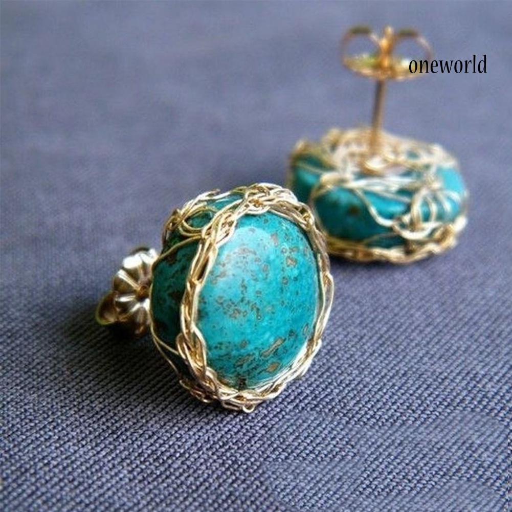 OW@ Vintage Women Round Faux Turquoise Windy Wrapped Stud Earrings Jewelry Gift