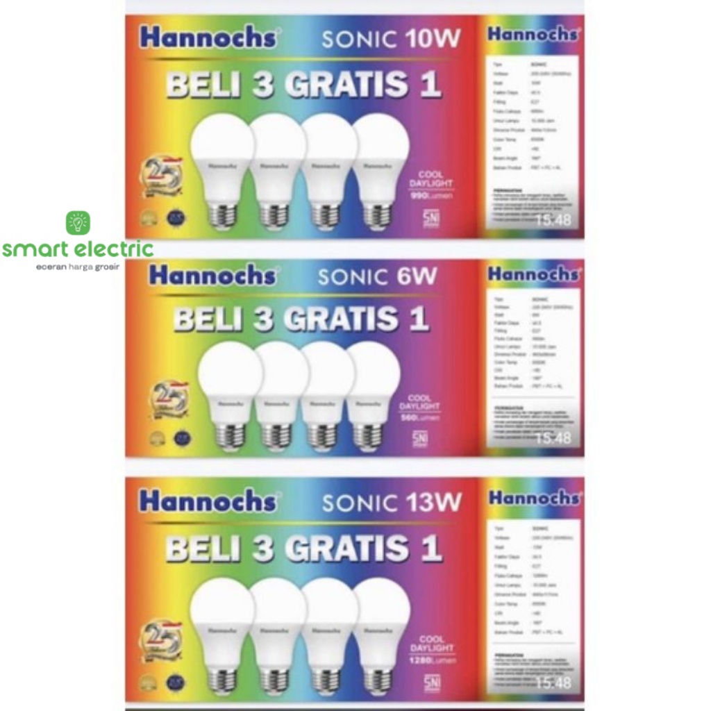 Hannochs Sonic 3 Free 1 Paket Bohlam LED Lampu 6w 10w 13w Murah Terang Putih