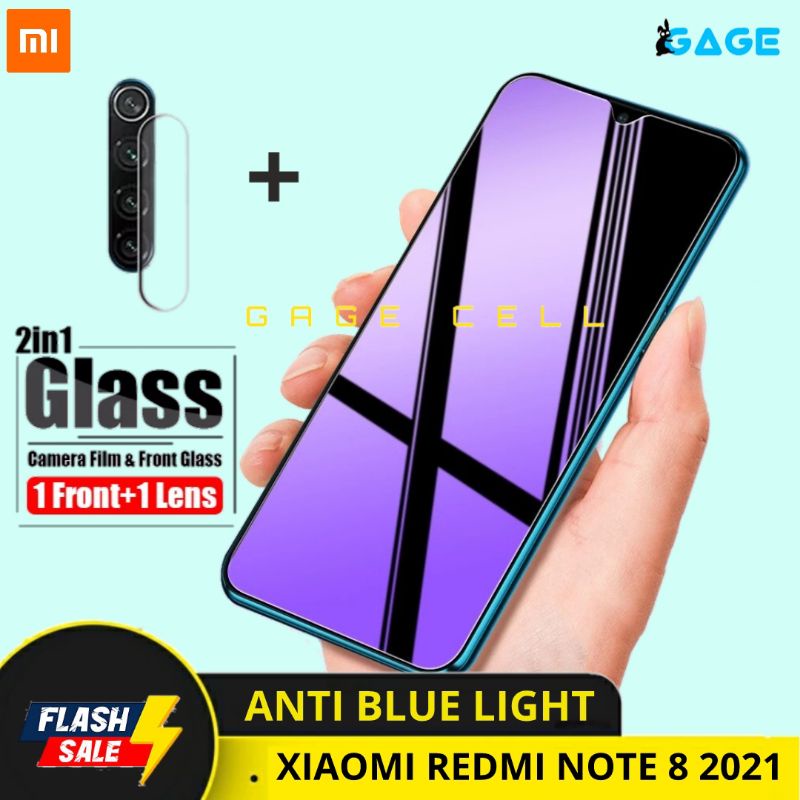 2IN1 TEMPERED GLASS ANTI BLUE LIGHT FULL LAYAR KAMERA XIAOMI REDMI NOTE 8 2021 SCREEN PROTECTOR