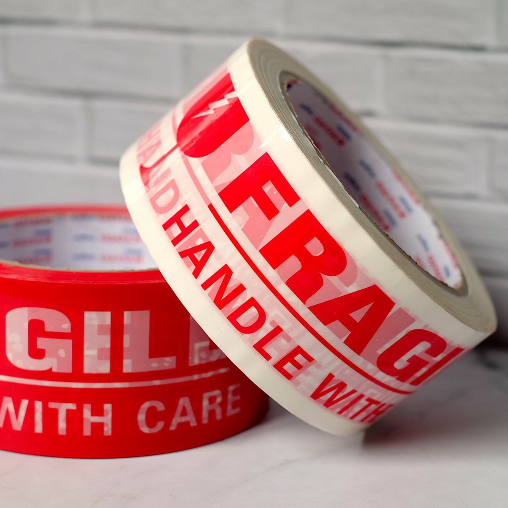 LAKBAN FRAGILE 48 MM 80 YARD - ISOLASI FRAGILE JANGAN DIBANTING ONLINE SHOP MERAH PUTIH SEGEL