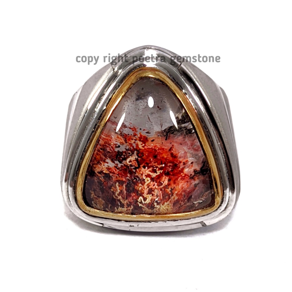 Natural Batu Permata Rock Quartz Crystal Triangel Ring Monel RC05
