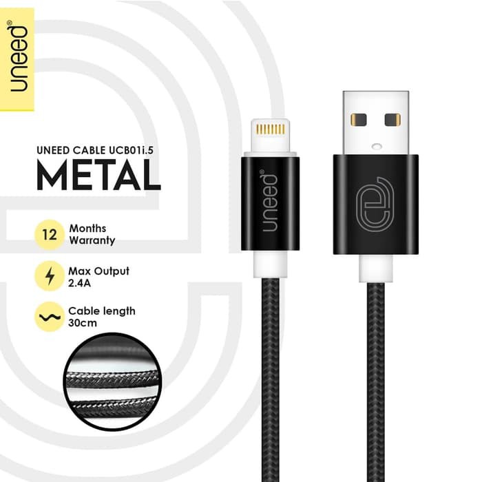 Kabel Data UNEED Metal Lightning 30CM UCB01I.5 ORIGINAL - Fast Charging 2.4A Cable Nylon Woven Fiber