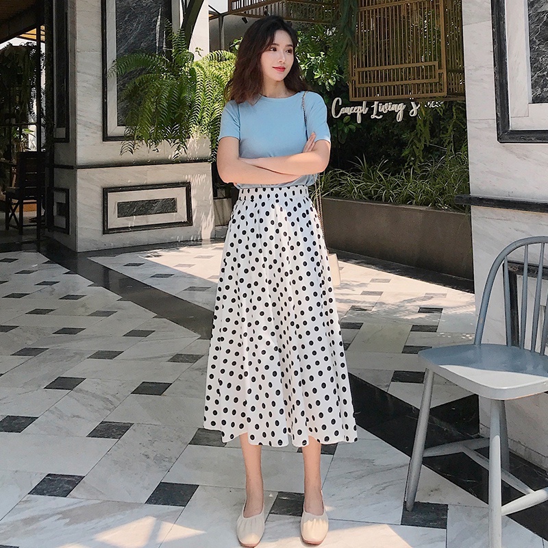 Korean Midi skirt polkadot Rok span Gaya korea Rok hitam