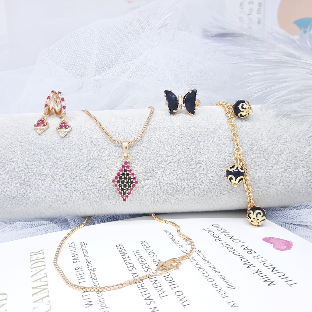 Xuping Set Perhiasan Kalung Anting Gelang Cincin Batu Ungu Hitam Rhodium Lapis Emas - BS039