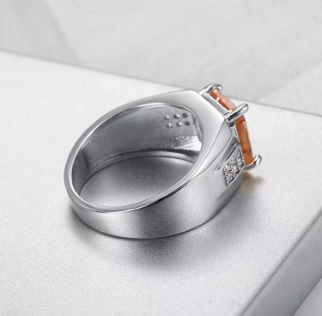 Cincin Perak Pria Batu Kecubung Teh Smoky Quartz Warna Champagne Elegan Minimalis Kantoran