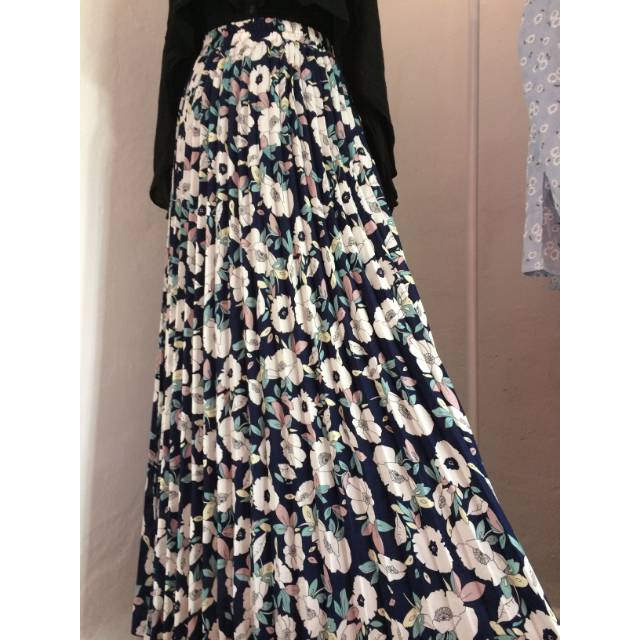 Rok Plisket import, rok plisket flower, rok plisket biru navy, import bangkok