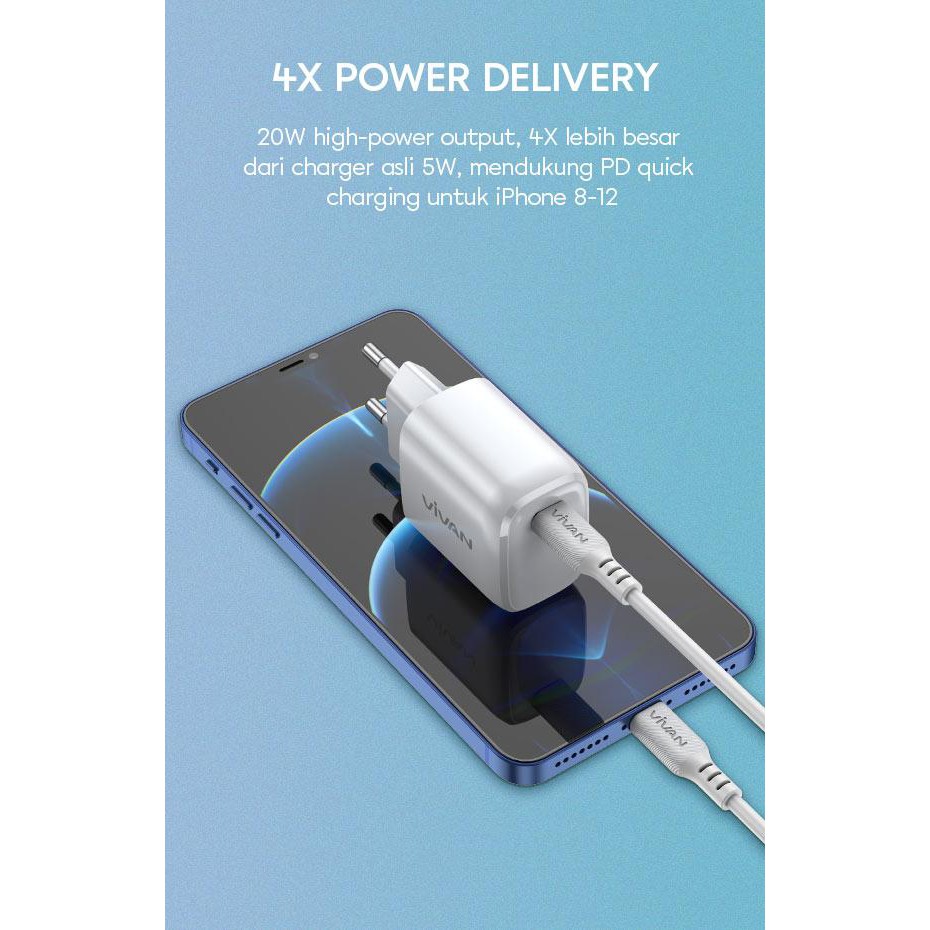 Kepala Charger VIVAN Power 20 USB Type-C PD Quick Charge Power Delivery 3A 20W KEPALA CHARGER IP 12 13 14 SAMSUNG S10 20 21 22 NOTE 10 10+ 20 20+ 21