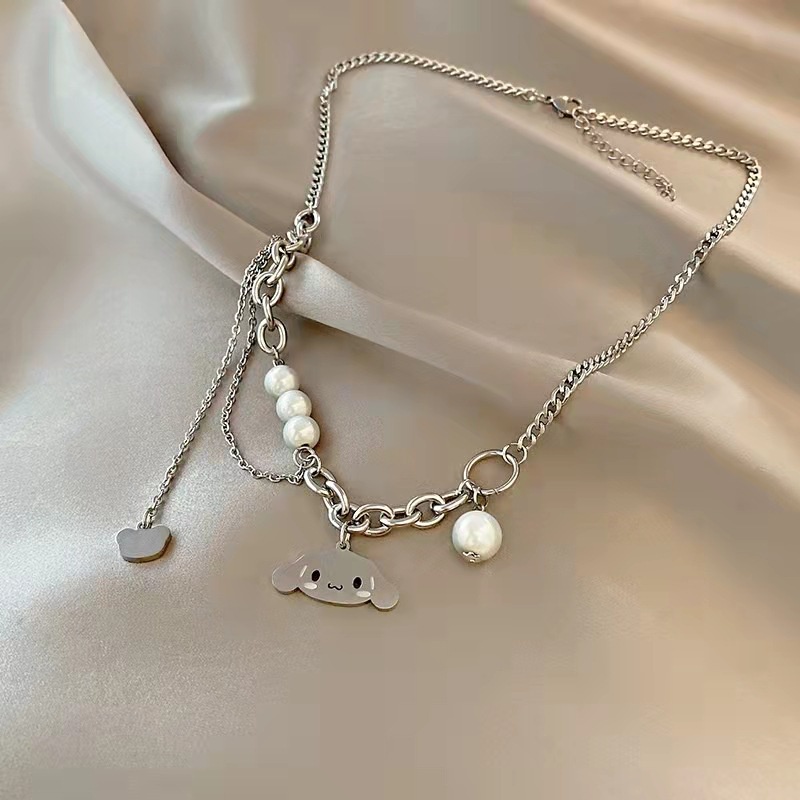 Kalung Rantai Tebal Hias Mutiara Giok Kartun Anjing Gaya Hip Hop Untuk Wanita
