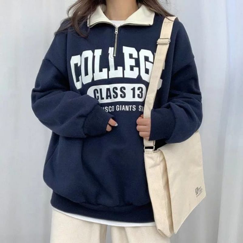 COLLEGE 13  Sweater Crewneck Berkerah Oversize-Outerwear Pria Wanita Terbaru Fashion Terkini Korean Style