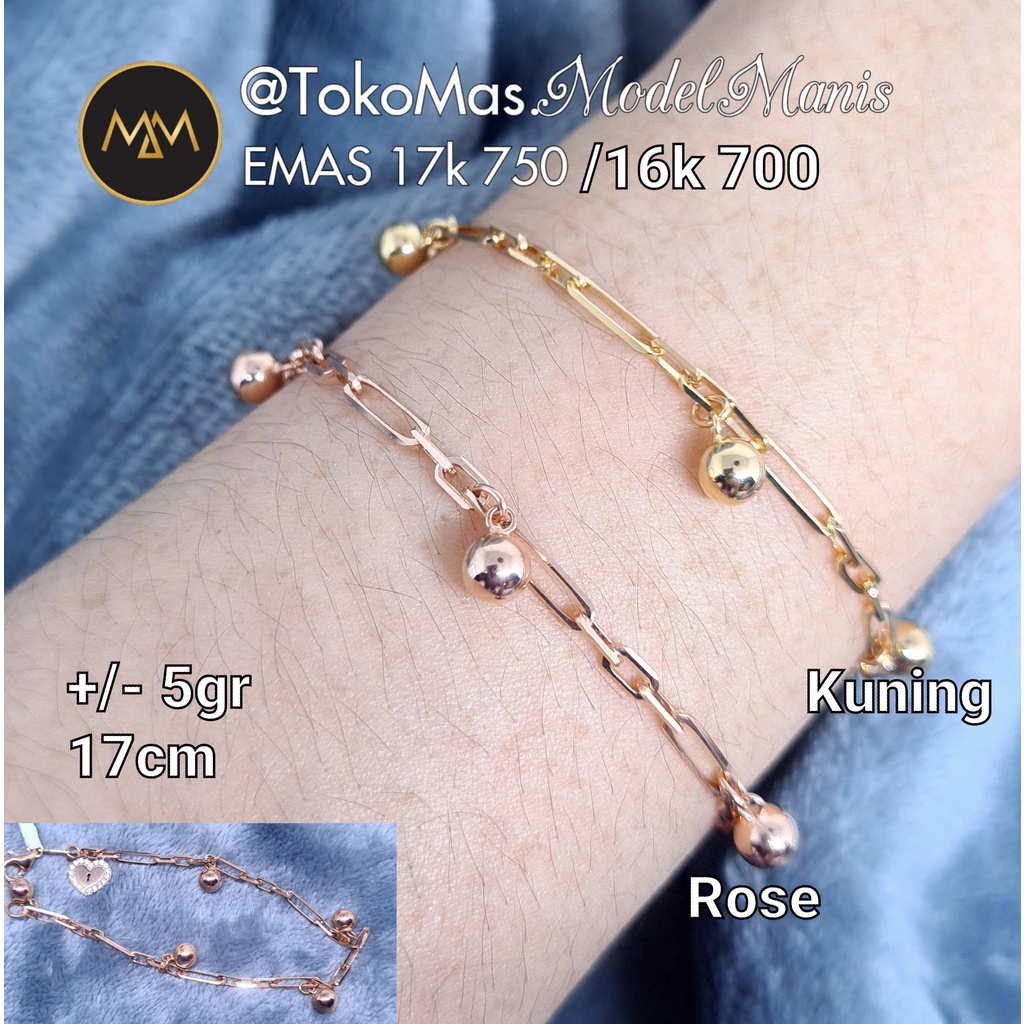 Gelang Paper Clip Bola-bola Variasi Gembok Love emas rosegold 750 dan emas kuning 700