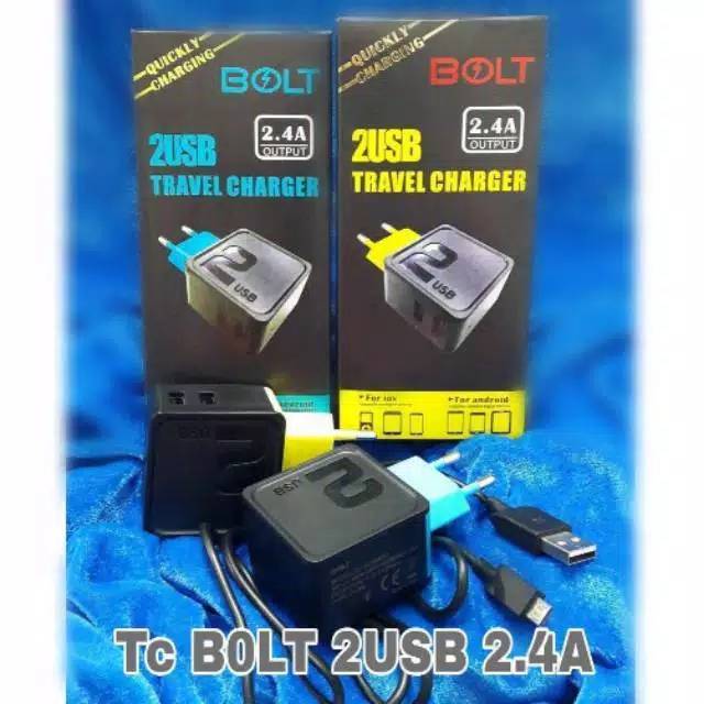 Charger Bolt 2.4A 2USB + Kabel USB Micro travel chager