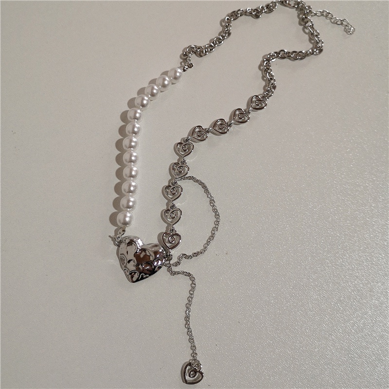 AY(CN) Kalung Rantai Choker Liontin Hati Salib Rumbai Mutiara Warna Silver Untuk Aksesoris Wanita
