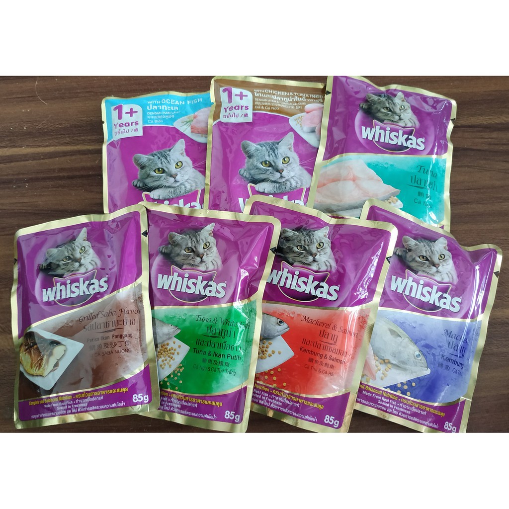 whiskas pouch 85gr tuna,chicken tuna,ocean fish,tuna whitefish,mackerel,grilled saba,mackerel salmon