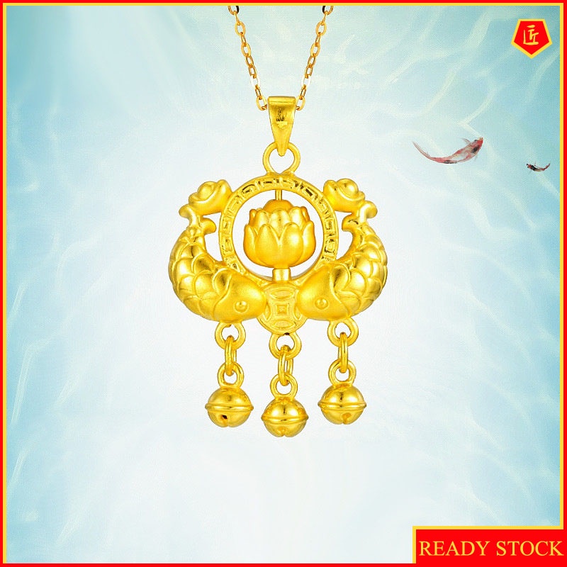 [Ready Stock]3D Gold Lock Bag Necklace Lotus Rotatable Bell Pendant