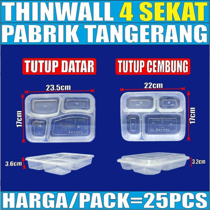 Thinwall 4Sekat Tutup Datar Atau 4 Sekat Tutup Cembung Per Pack Kotak Makan Bento Plastik Var