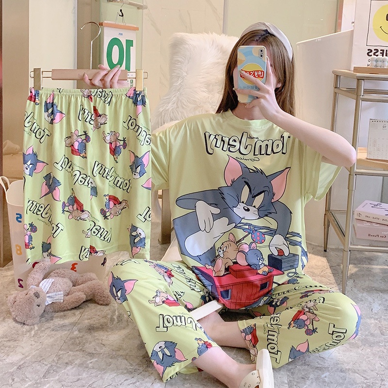 AJW Shop Piyama 3in1 | Piyama Import Dewasa | Setelan Wanita Kekinian | Baju Tidur Wanita Dewasa-TomJerry Hijau