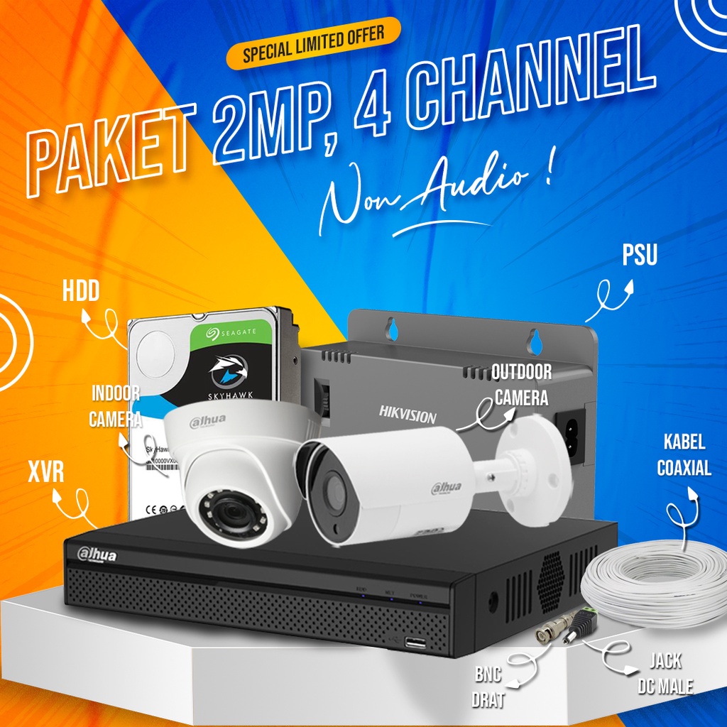 PAKET CCTV DAHUA 4CH 2MP / 4 KAMERA 2MP STARLIGHT DAHUA SIAP PASANG