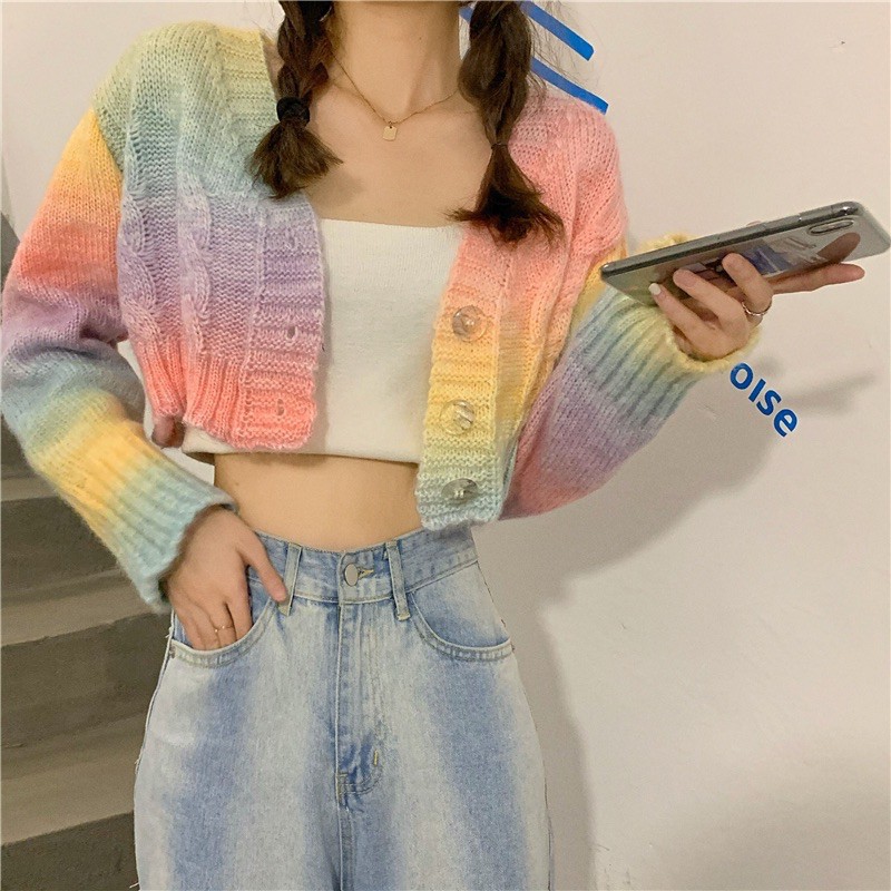 TEENSWEAR.ID - Rainbow Knit Outer (Cardigan Korea Import Motif Pelangi Jisoo Blackpink)