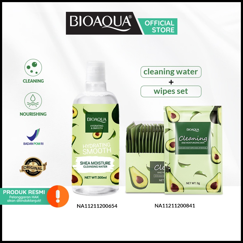 BIOAQUA Makeup Remover Set Cleansing Water 300ml+Avocado Moist Wipes Make Up Removal 30pcs*9g/box