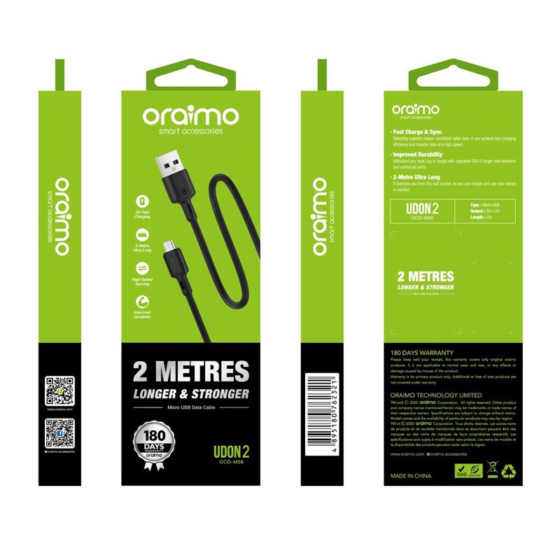 Oraimo OCD-M56 Kabel Data Micro USB 2 meter Android Data Cable Fast Charging - Garansi Resmi 1 Tahun