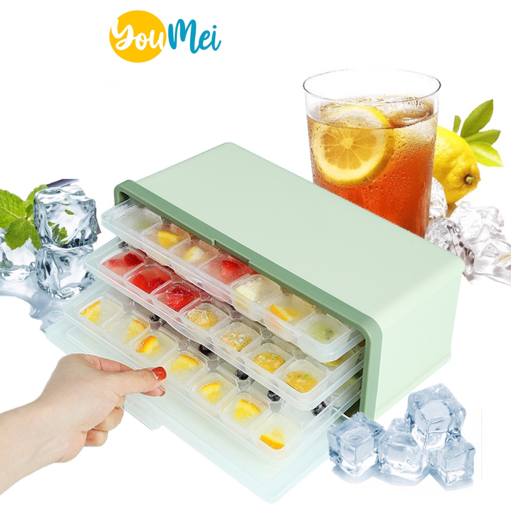 Plusone Cetakan Es Kecil 3 Tingkat / Susun - Silicone Inggris Silicone Indo Ice Cube  Tray Portable Travel dengan tutup -1235