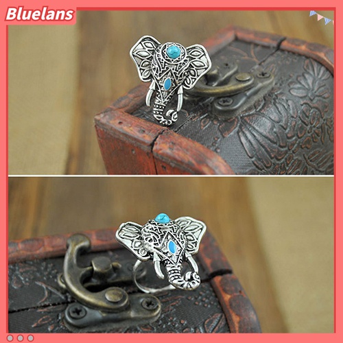 Cincin Jari Tengah Desain Gajah Turquoise Gaya Vintage Bohemia Untuk Perhiasan