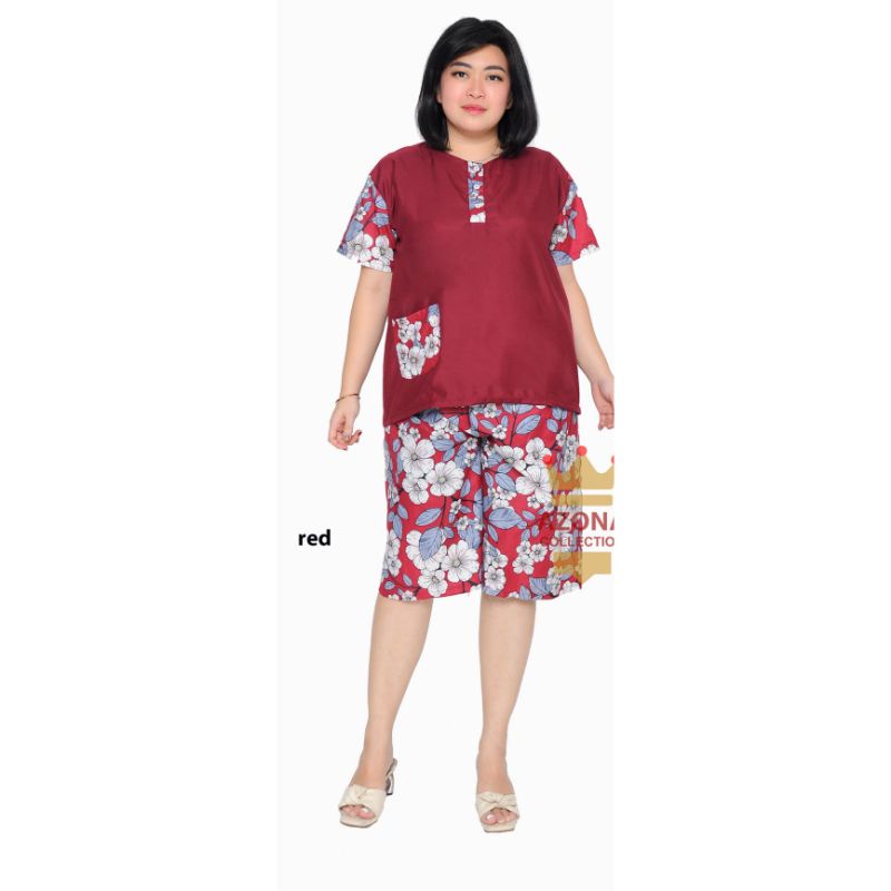 Dtree . Piyama stelan pendek jumbo katun motif abstrak baju tidur kancing depan Ld 120 cm-Polos bunga maroon