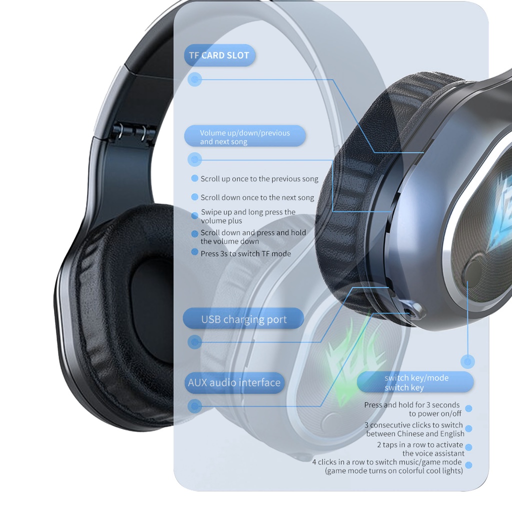 GoodCase - Headset Bluetooth Gaming Headphone Music With Mic 9D Dynamic HD Sound RGB Light