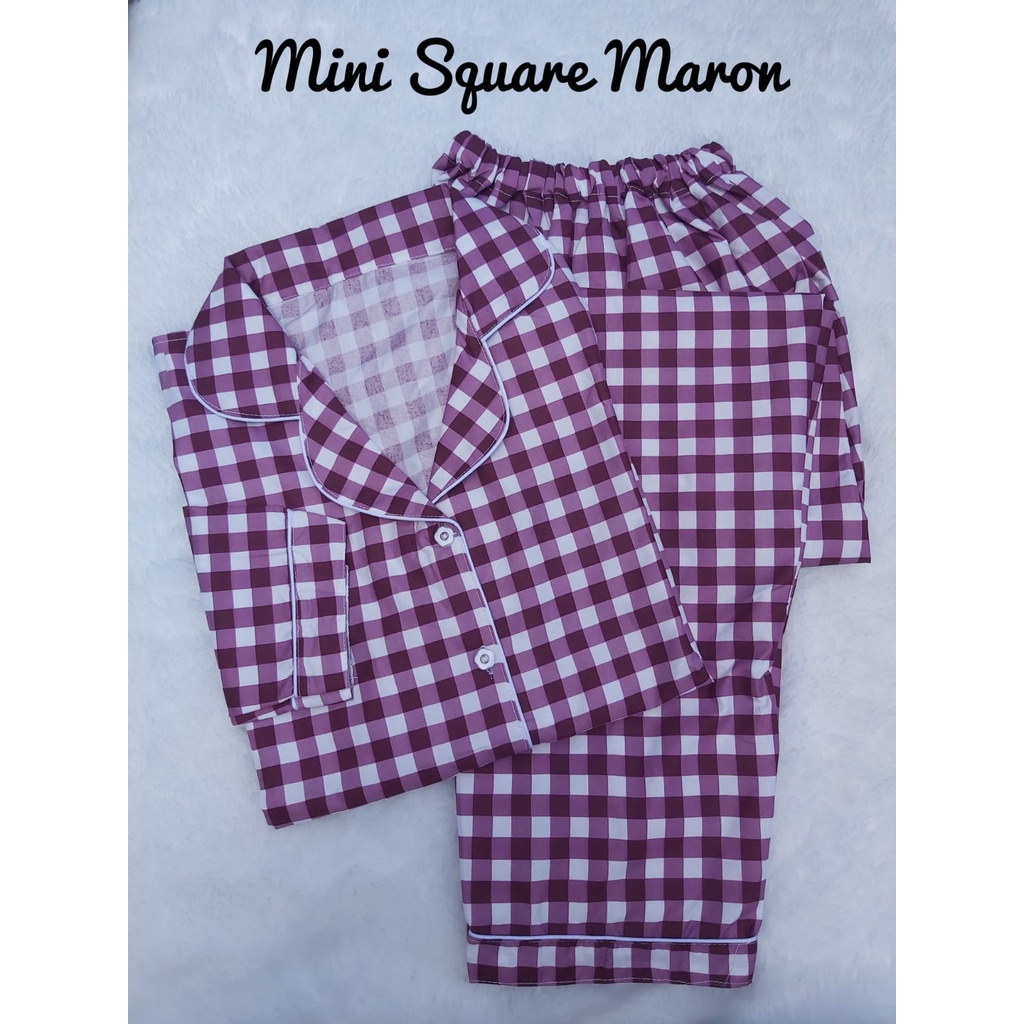 JNV Piyama PP Wanita Motif Kotak 2 - Baju Tidur Lengan Panjang - Bahan Katun Premium-Mini Square Maron