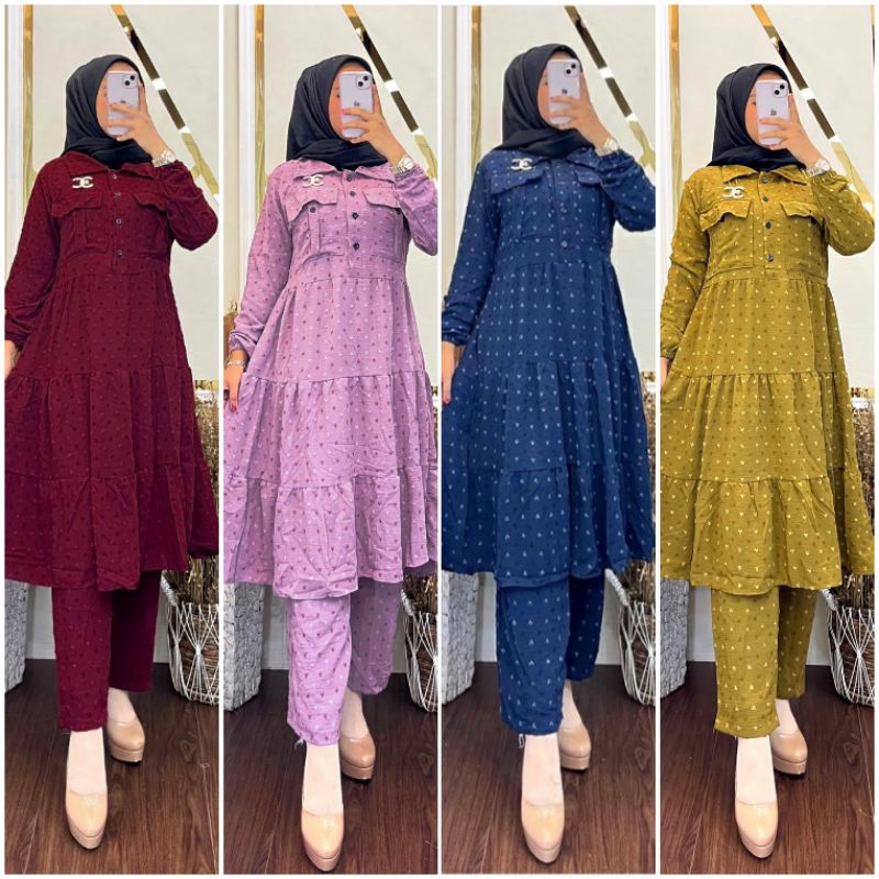(Bisa COD) Setelan Tunik Crinkle Rubiah Twotone/Setcel Crinkel Rubiah Terbaru/Oneset Muslimah