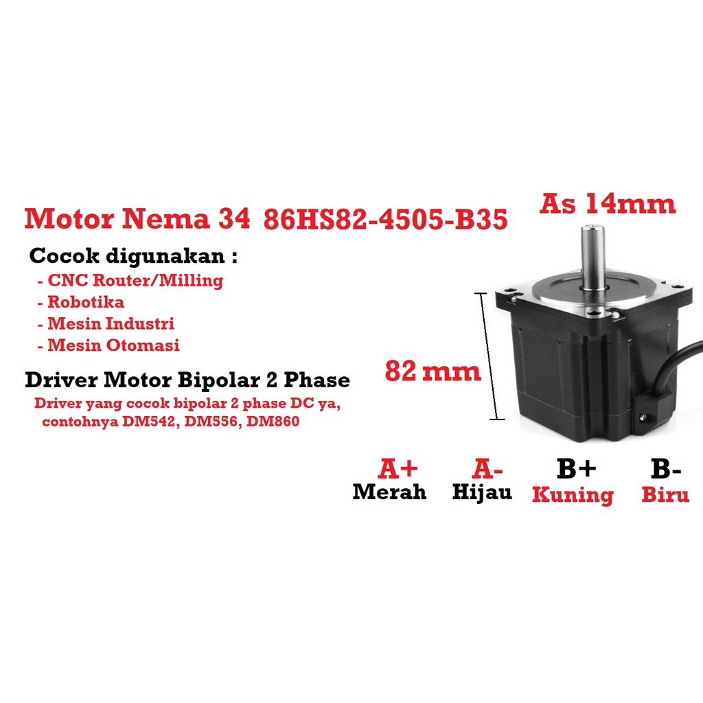 [HAEBOT] Motor Stepper Nema 34 86HS82 4.5Nm 82mm 4.5A Shaft 14mm CNC Laser Router Plasma Milling High Torque Mesin Robot Induksi Slider Mekanik Bipolar 2 Phase Fasa Coil Dinamo Penggerak