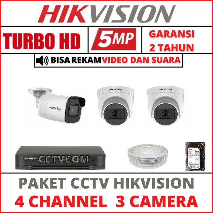 PAKET CCTV HIKVISION 5MP 4 CHANNEL 3 CAMERA TURBO HD KAMERA CCTV