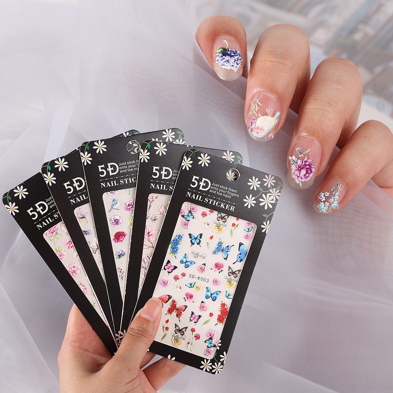 (1 Lembar) (Stiker Kuku) (5D Motif Bunga Warna-Warni Untuk Dekorasi Nail Art / Manicure Diy