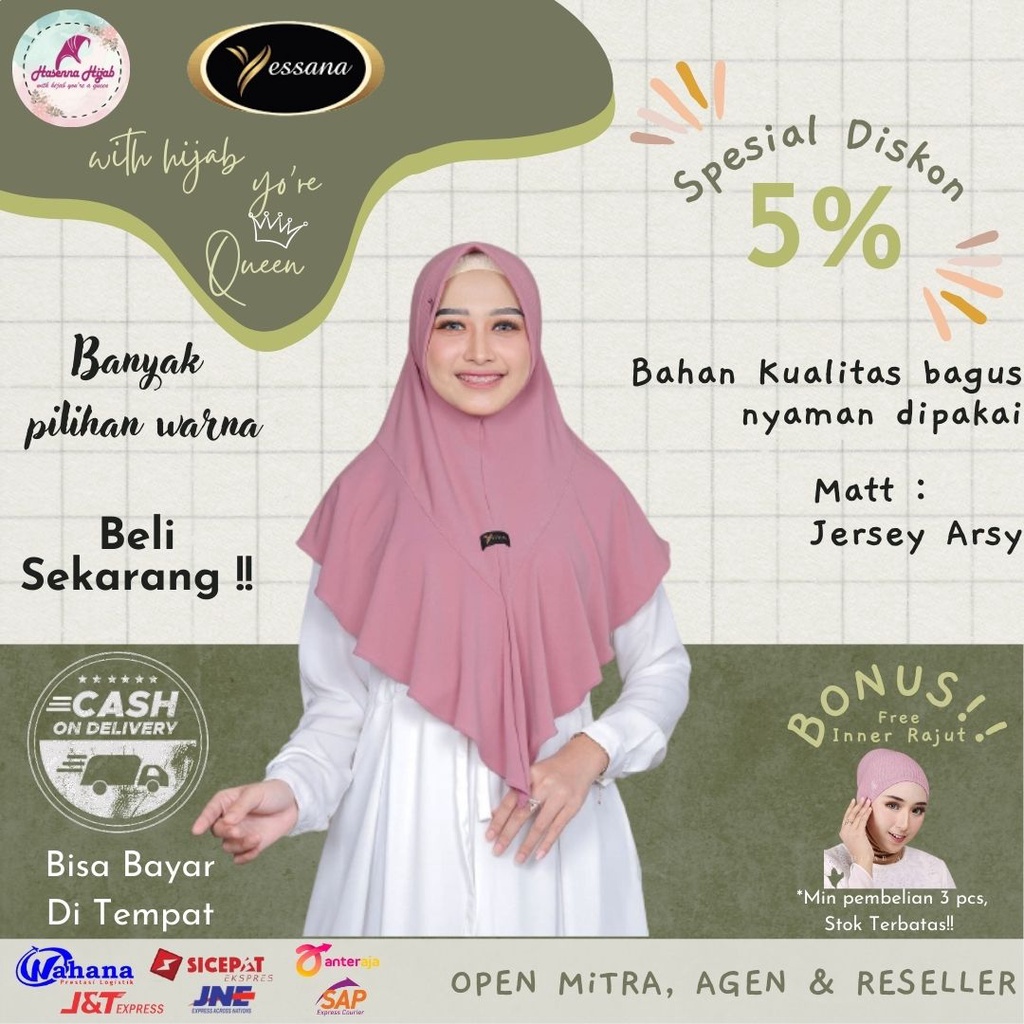 Jilbab Hijab Kerudung Bergo Jumbo Yessana Terbaru Hawa Ped Antem Jersey Arsy Polos Premium