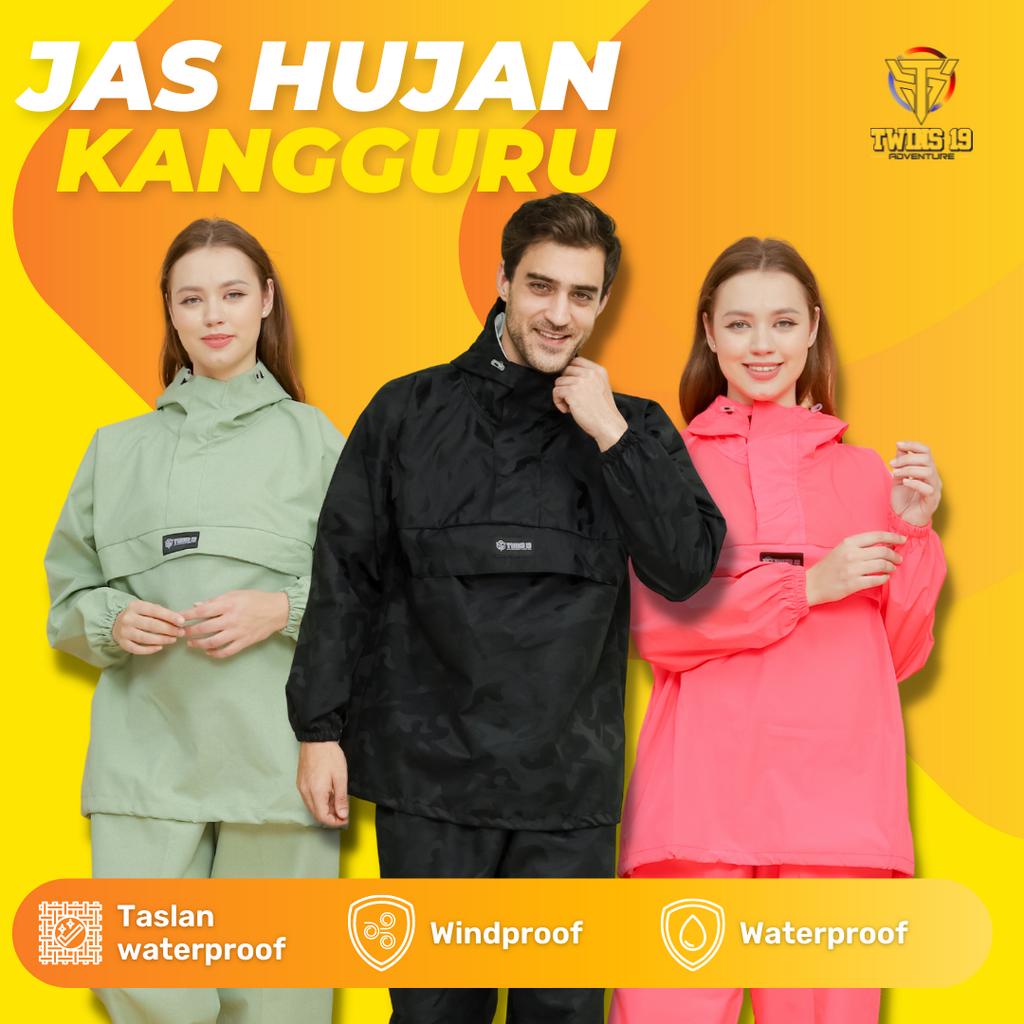 Jas Hujan TWINS19 Jas Hujan Saku Kangguru Pria Wanita Dewasa Anti Air Bahan Taslan Import Raincoat