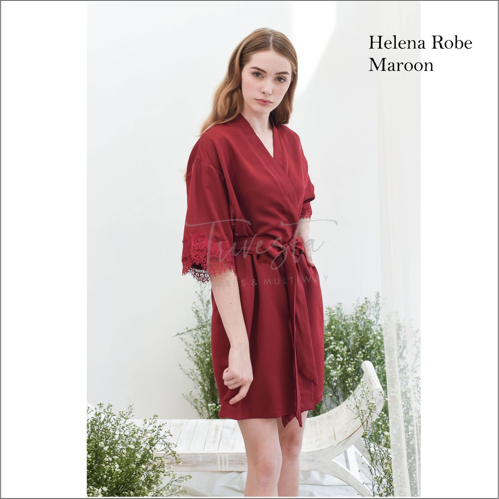 Helena Robe in Maroon - KIMONO PENGANTIN / BRIDESMAID SATIN  &amp; BROKAT  + FREE BORDIR (TULISAN BEBAS)