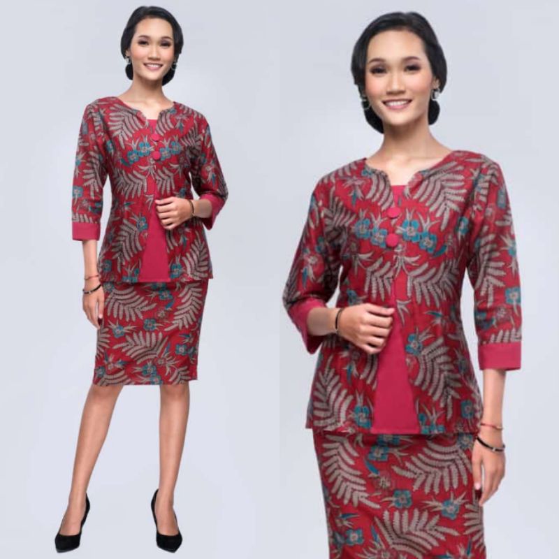 Baju Kerja Wanita Setelan Rok Blus Batik Arini Merah