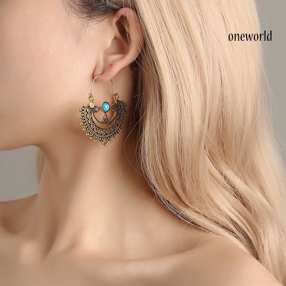 OW@ Ethnic Hollow Pattern Artificial Turquoise Chandelier Dangle Earrings Women Gift