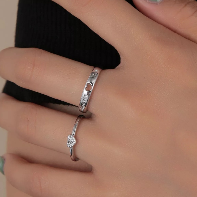 Cincin Model Terbuka Adjustable Desain Hati Hollow Bahan 925 Silver Plated Untuk Pasangan