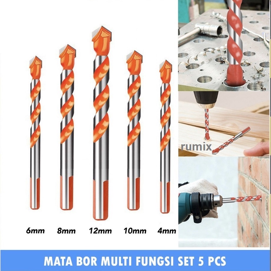 Mata Bor Drill Set 5 pcs Multi Purpose Bor Besi Beton Kayu Multifungsi hss Triangle Tipped Keramik Plastik Alumunium