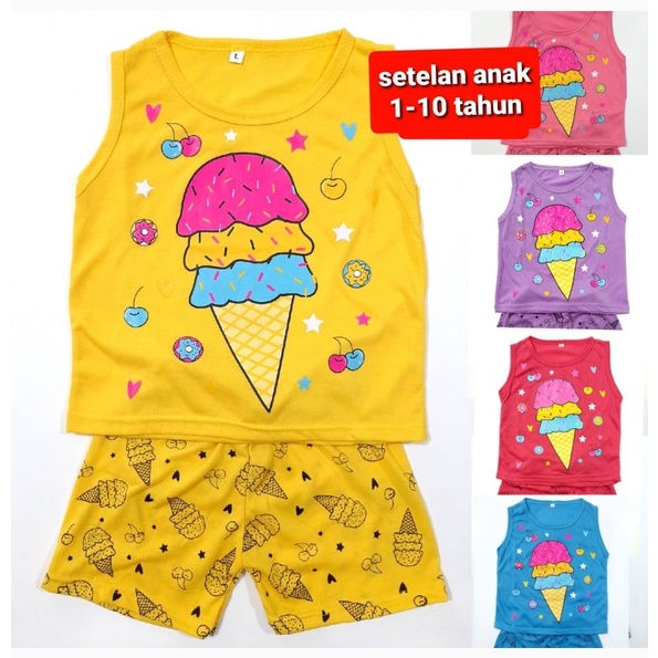 setelan anak singlet 1- 10 tahun perempuan celana pendek pakaian kaos cewek S M L XL ice cream grosir