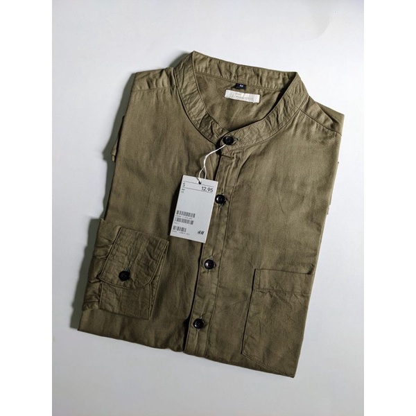 Kemeja Pria Shanghai HM Polos Katun Twill Panjang Army