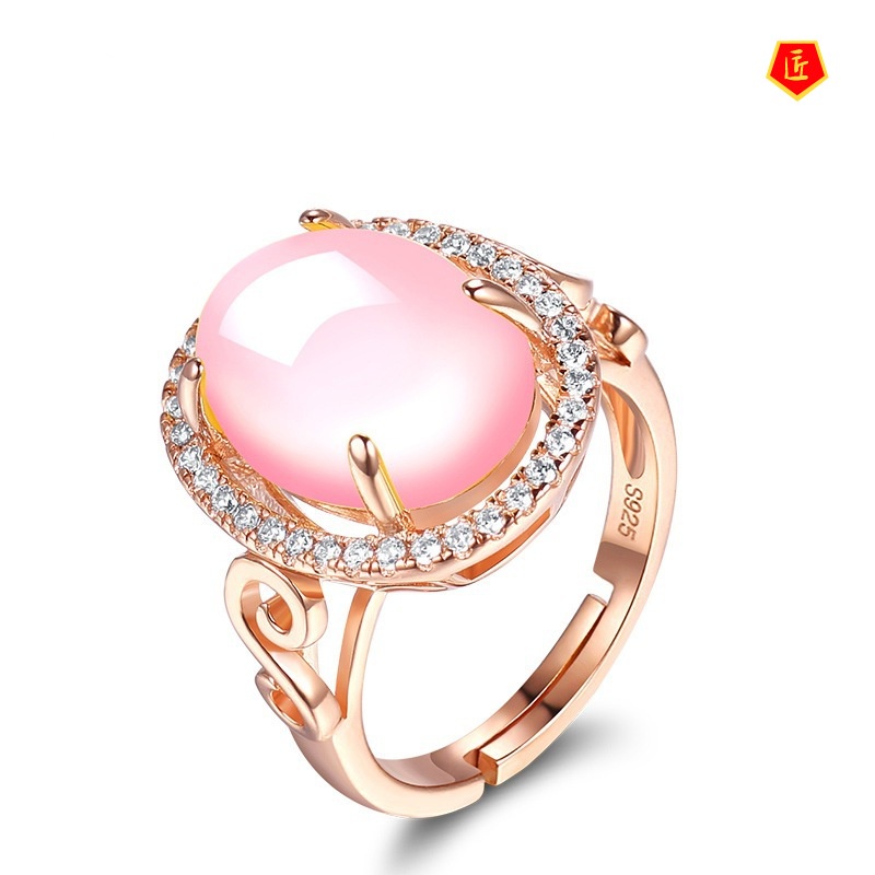 [Ready Stock]925 Silver Ring Women's Ethnic Style Ross Quartz Pink Crystal Diamond