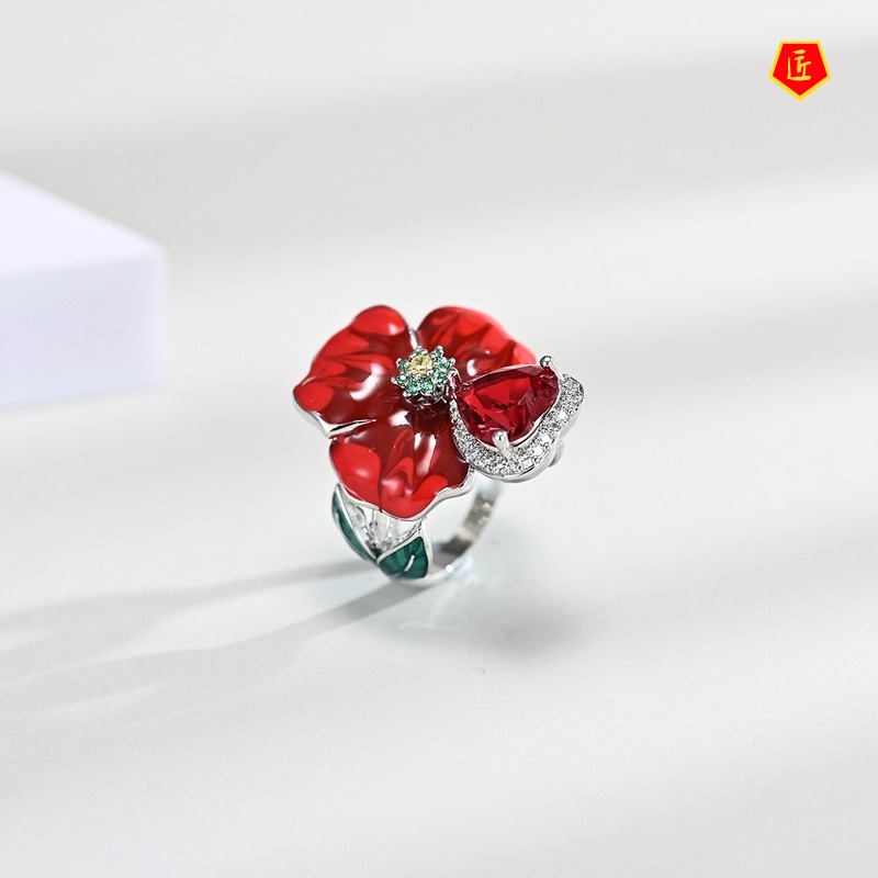 [Ready Stock]Exaggerated Rose Ruby Heart-Shaped Ring Earrings Pendant Set