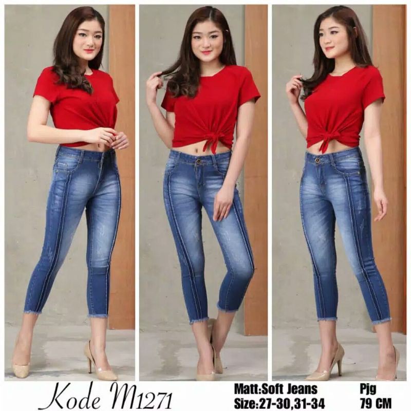 Celana Jeans 7/9 wanita two line skinny softjeans stretch melar robek rawis murah original bunbe