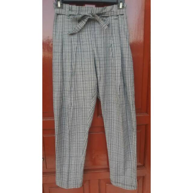 Celana kotak kotak wanita sabuk pita